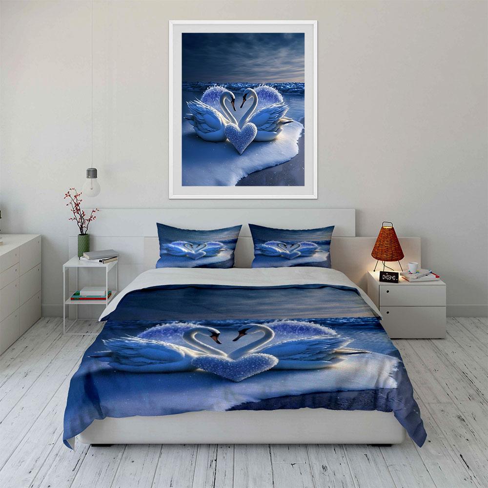 Romantic Swans With Icy Heart Printed Duvet Cover Set1 Duvet Cover+2 Pillowcasemulti Size Bedroom Bedding Decor Luxury Gifts