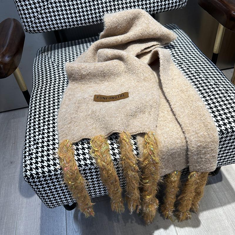 Handmade long tassel retro winter thickened solid color warm scarf women's thick wool scarf