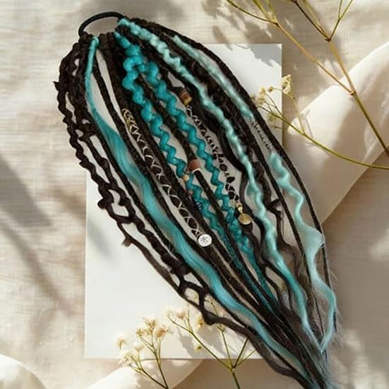 Boho Gevlochten Paardenstaart Verlenging met Haarelastiek Lichtgewicht Hand-gevlochten Vlechten Haarverlengingen Vrouwen Mannen Lang Viking Dreadlock Kralen Paardenstaart Verlenging