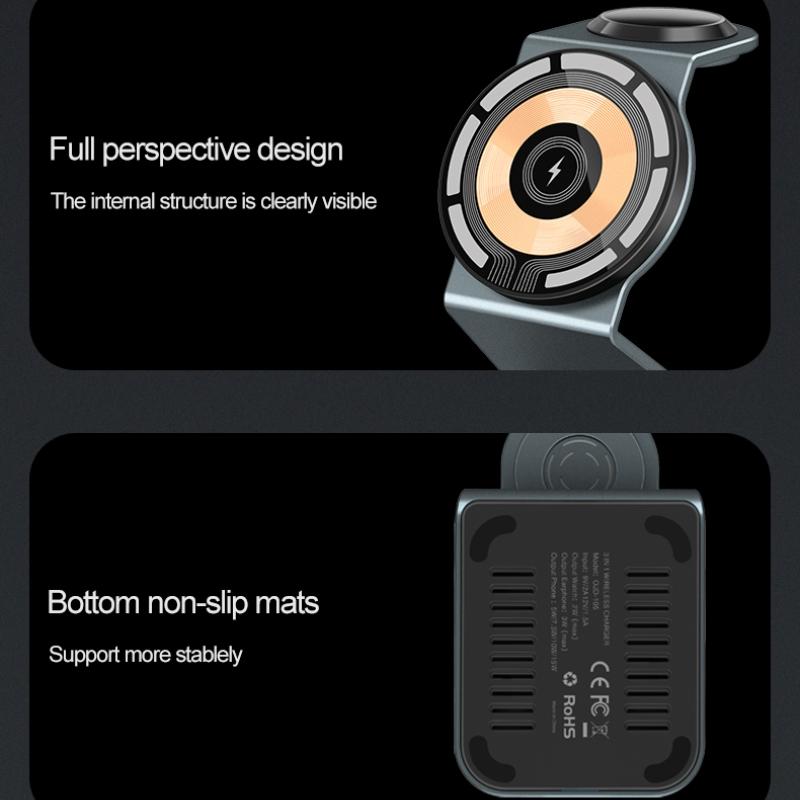15w All In One Portable 3 In 1 Magnetic  Wireless Charger Multifunction 15W Fast Charging Dock Transparent Design Vertical Charger