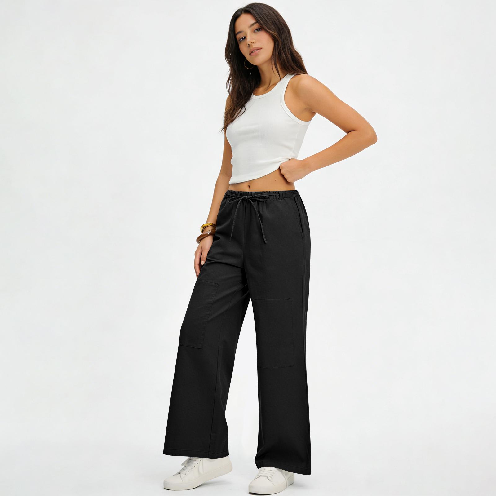 

Women s Casual Fashion Cotton-Linen Blend Wide-Leg Pants With Side Pockets L чёрный