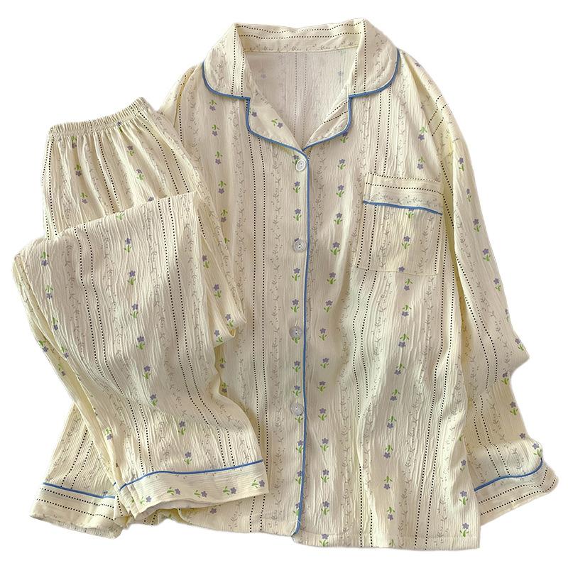 Chinese Antique Floral Women'S Pajamas Spring And Autumn New Long-Sleeved Lazy Loungewear Wrinkled Cloth Set Real Shot