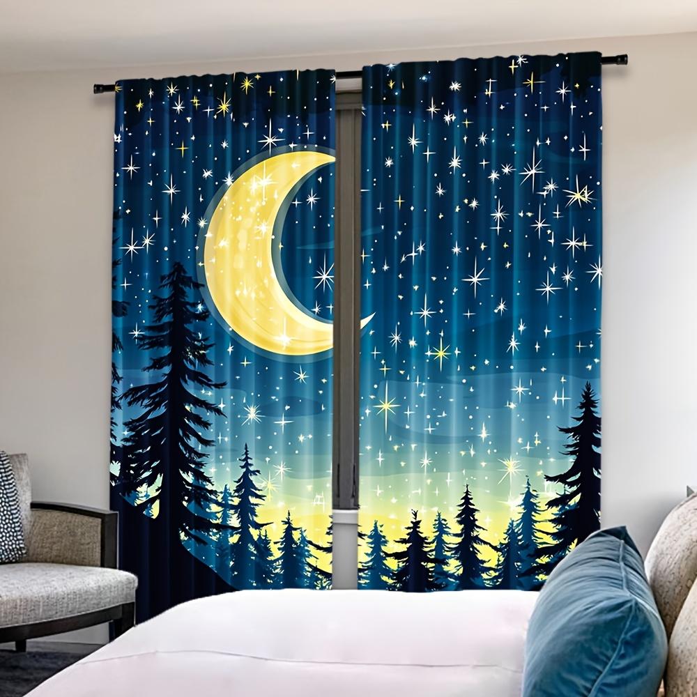 Set Of 2 Modern Semi Polyester Curtains Full Moon Starry Forest Night Sky Design Window Curtain With Rod Pocket Sheer Machine Washable