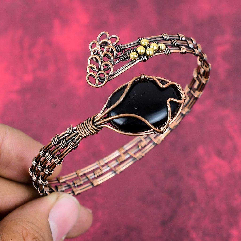 Black onyx bangle copper wire wrapped adjustable cuff bracelet copper jewelry handmade gemstone bangle wire wrapped jewelry engagement gifts