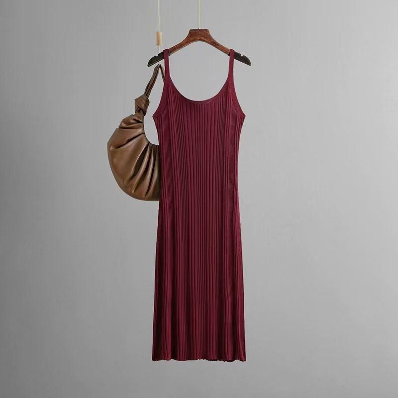 

European and American Sexy Slim fit Waist Hugging Knitted dress Solid Sling Long dress Knitted Camisole Dress Burgundy All yards