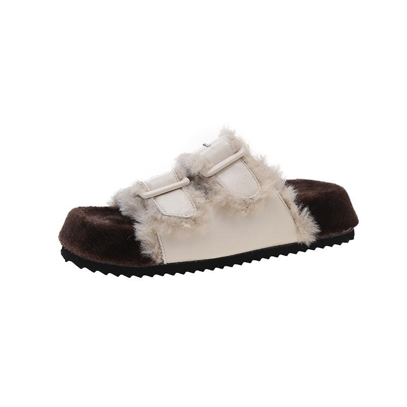 Soft waxy soft waxy~ winter warm thickened wool cotton shoes women's versatile one-button thick-soled fluffy slippers tide.
