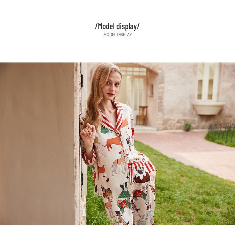 Set Pijama Damă cu Mânecă Lungă de Crăciun cu Câine - Toamnă/Primăvară Articole de Casă cu Senzație de Mătase