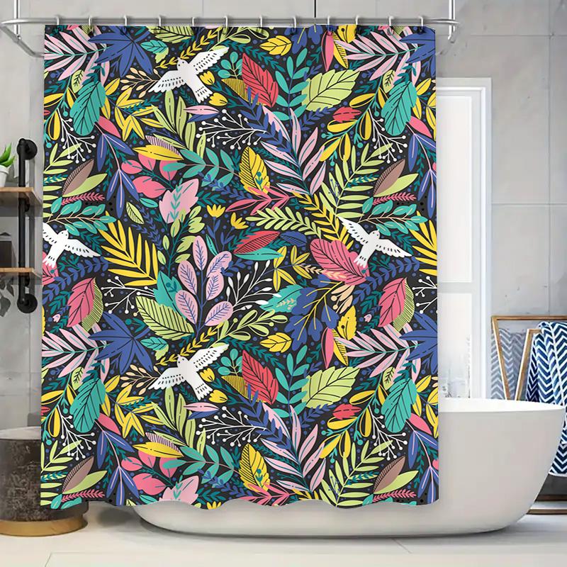 

Яркий цветочный узор Занавеска для душа Смелый красочный декор для ванной Белые птицы, летящие среди листьев Дизайн Размер: 72x84 дюйма (18 90x180cm