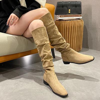 2025 Sommer und Herbst neue Ritterstiefel Damen Retro Wildleder dicker Absatz spitz hohe Stiefel braune plissierte Stulpenstiefel
