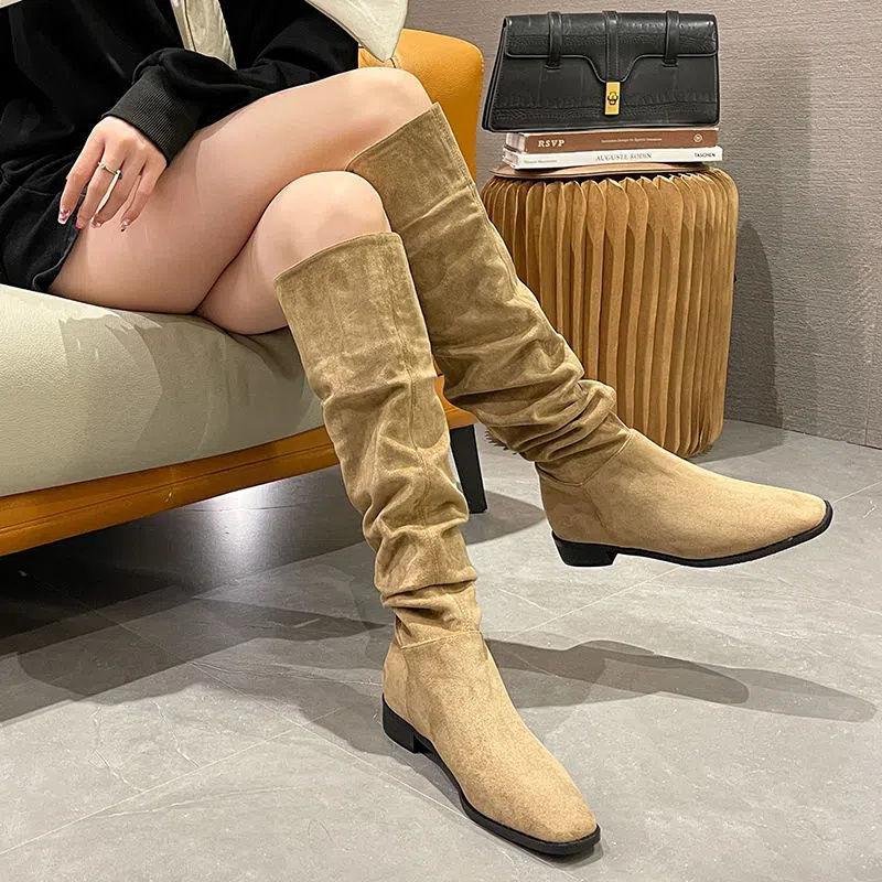 2025 summer and autumn new knight boots women's retro suede thick heel pointed high boots brown pleated pile boots