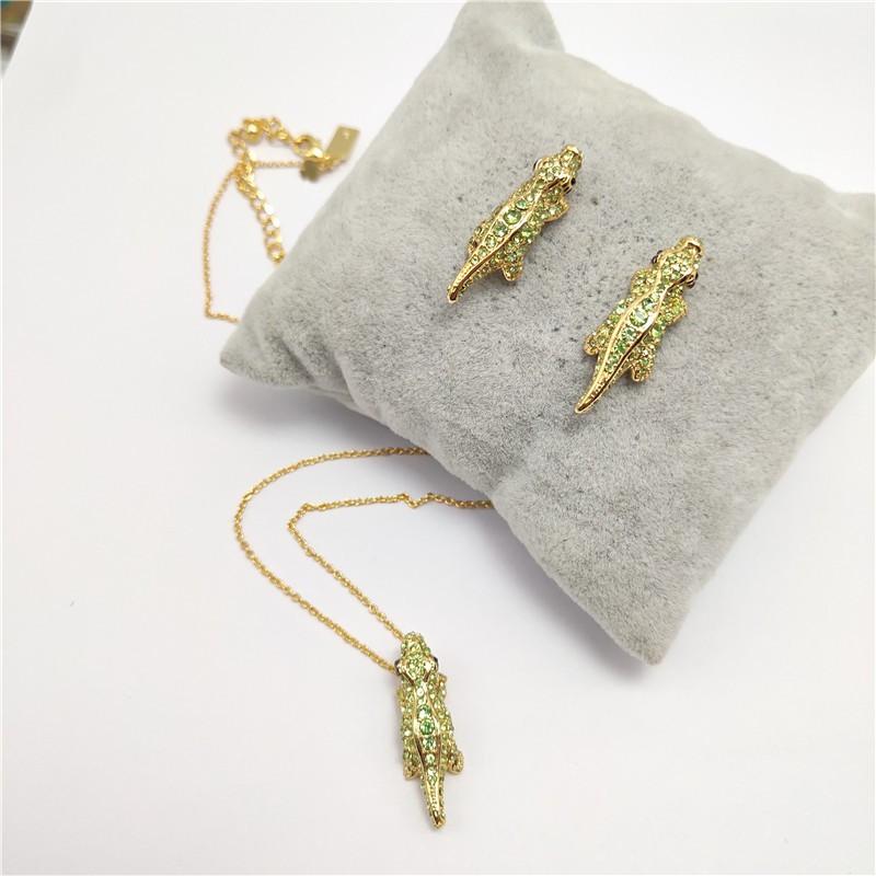 Full Rhinestone Animal Jewelry Set Green Lizard Crocodile Ear Studs Bracelet Ring Necklace Bold Fashion Statement