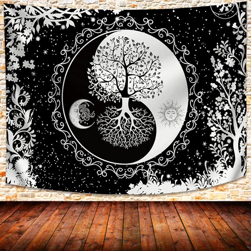 

Гобелен Солнце и Луна, Мандала Черно-белый Настенный Инь Ян Древо Жизни Гобелен, 80X60 Дюймов Декор для Спальни, Общежития, Дома GTQQUH666 93L x 71W
