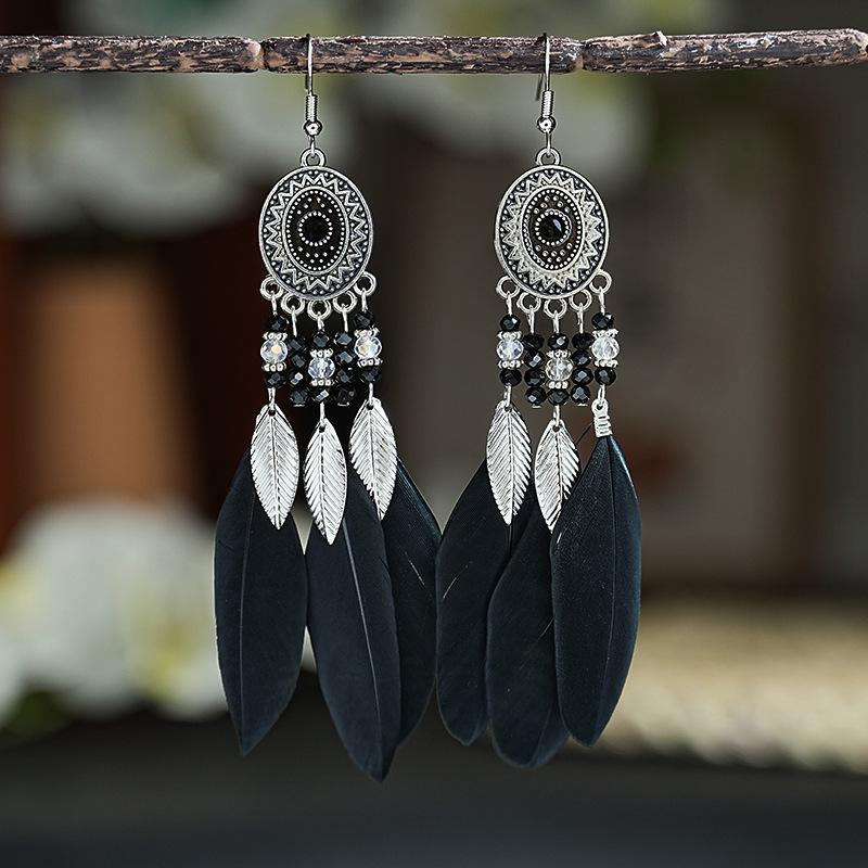 Boho Lange Feder Hängende Ohrringe für Damen Blatt Quaste Kristallperlen Handgefertigt Runde Blume Emaille Hochzeit Braut Schmuck Geschenk