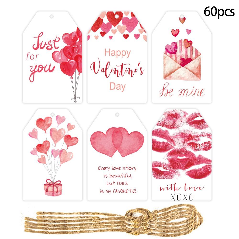 60pcs 6 Styles Valentines Day Gift Tags with String DIY Gift Packaging Labeling Romantic Hanging Party Labels Home Decor