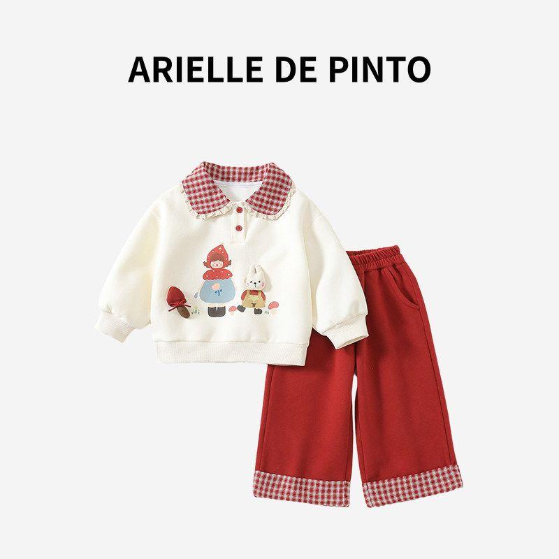 Французский детский костюм Arielle De Pinto Весенне-осенний стиль Мультяшная грибная рубашка-поло Клетчатый повседневный костюм Beige 120