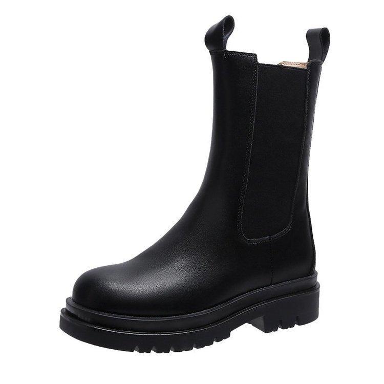 Flat-bottomed High-heeled Martin Boots with Round Head, New Thick-heeled Medium-tube Martin Boots, Elastic Foot Boots.
