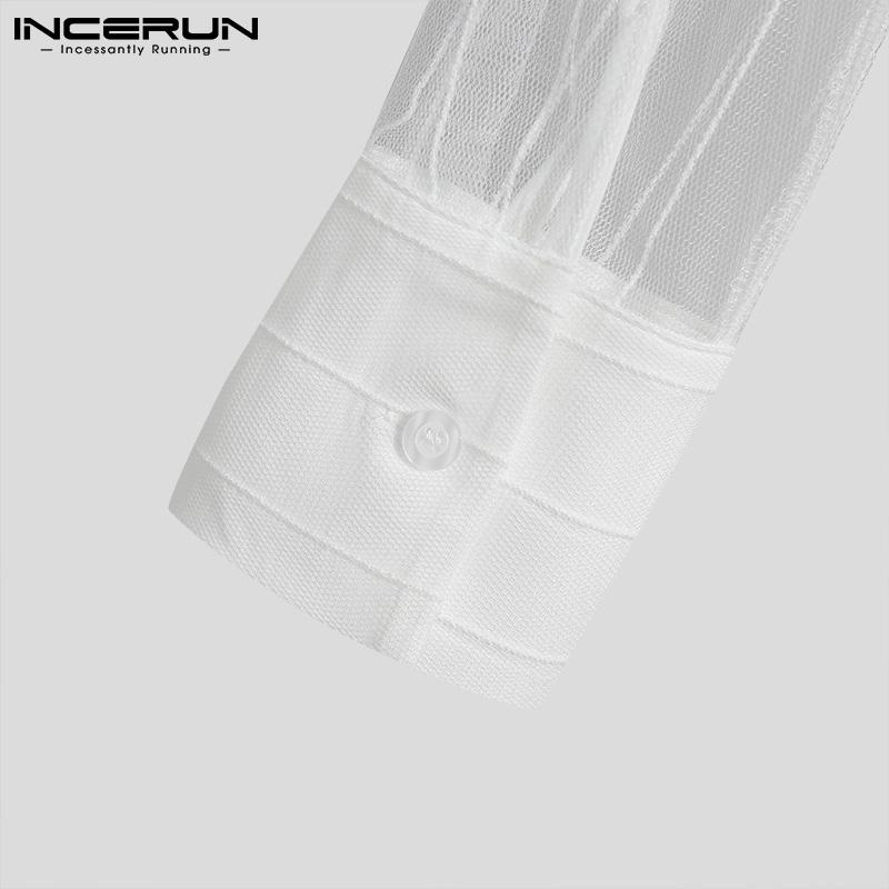 INCERUN 2PCS Summer Mens Fashion Sheer Mesh Long Sleeve Shirts & Long Pants Sets Slim Fit Party Loungewear S-5XL