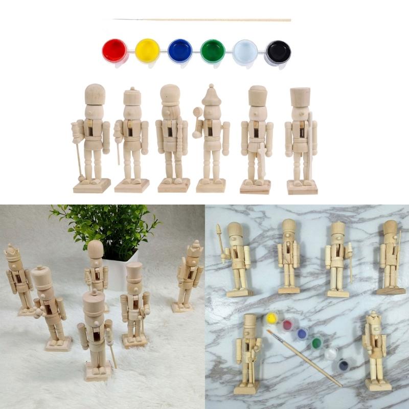 6pcs Christmas Nutcrackers Soldier Unpainted DIY Wood Walnut Figures with Paint and Brush Unfinished Nutcrackers Decor