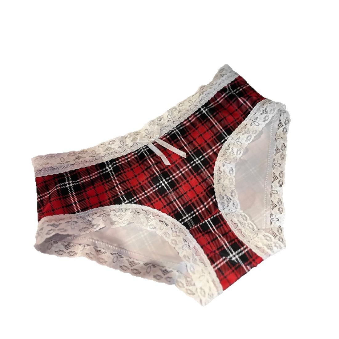 Women s Plaid Lace Trim Bikini Panties One Size