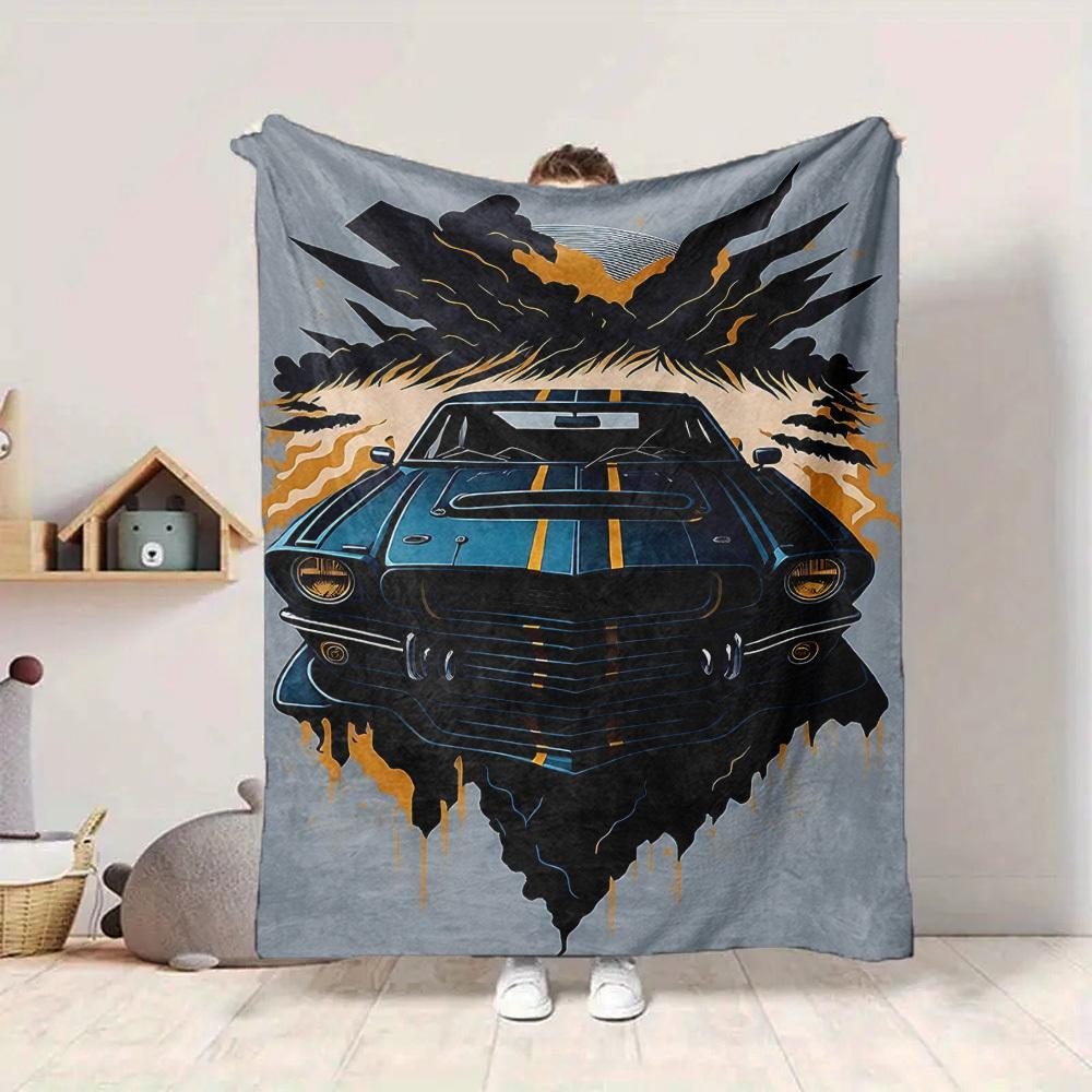 1pc Muscle Car Racing Lightweight Flannel Blanket, Comfortable and Warm Blanket, for Office and Camping Sofa Bed, Livingroom095