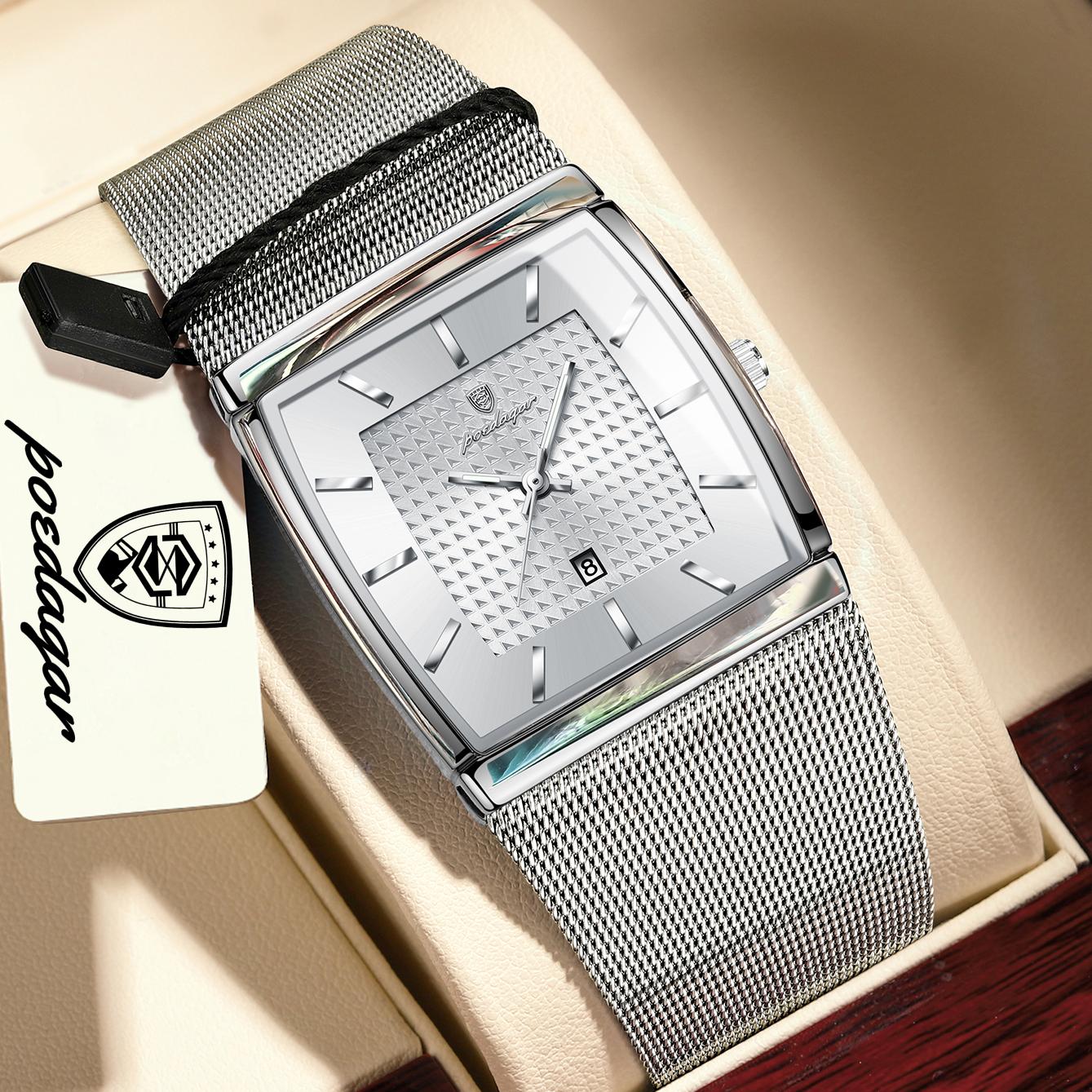 

POEDAGAR Luxury Casual Men Clock Stainless Steel Mesh Date Waterproof Luminous Wristwatch Quartz Fashion Watches срібний/білий