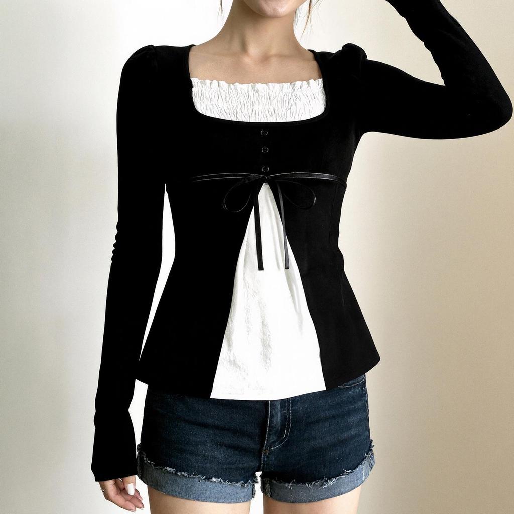 French Patchwork A-line Doll Top: Pleated Square Neck, Long Sleeve, Lace-up Waist, Autumn Winter Style for Women.