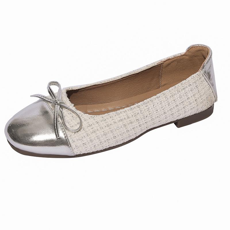Bow color matching light mouth single shoes women's 2025 new summer round head flat bottom versatile one pedal fairy evening shoes