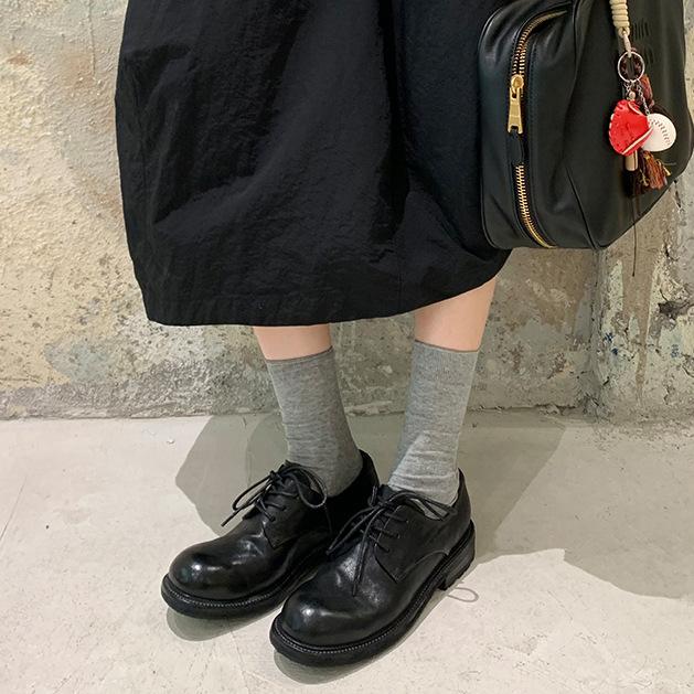 Sheepskin Version~ Leather Thick Heel Retro Pleated Small Leather Shoes Women's British Lace-up Platform Oxford Shoes Loafers Single Shoes