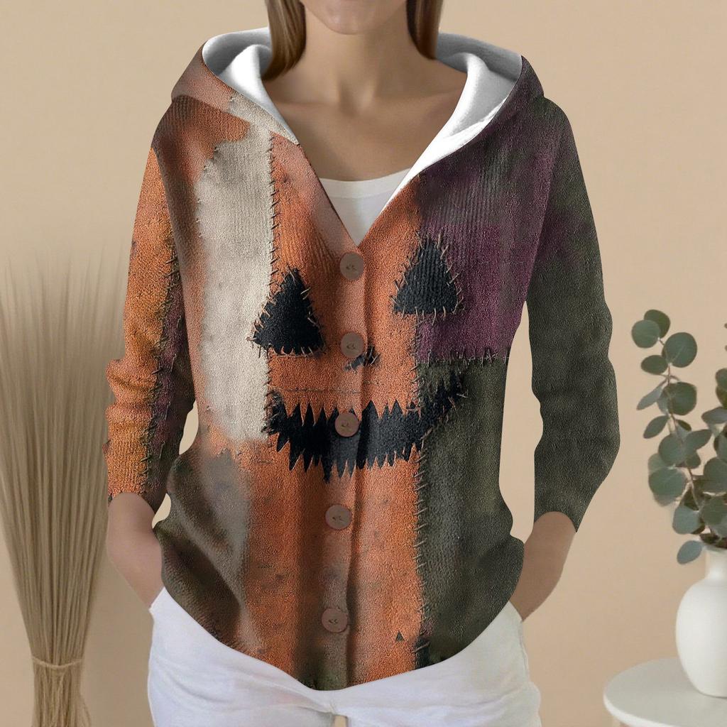 Mote for kvinner, avslappet genser, knappestrikkejakke med trykk, hettejakke