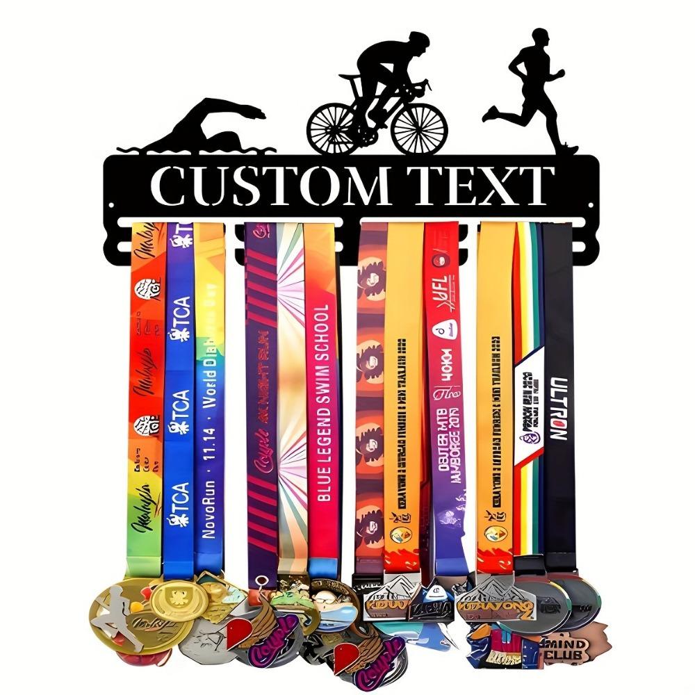 Vintage Custom Metal Medal Rack, Personalized Triathlon Trophy Display, Rustic Wall Decor & Nameplate with Hooks