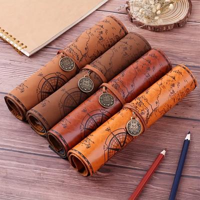 Creative Treasure Map Retro Pencil Case Leather Large Capacity Roll Pencil Bag Embossed Buckle Simple Stationery Box Roll Portable Pencil Pen Holder