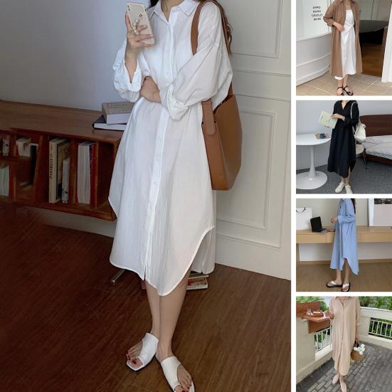 

Лацкан с длинным рукавом Женское платье Неправильный подол Карманы Однобортная рубашка с длинным рукавом Однотонная рубашка Платье Уличная одежда