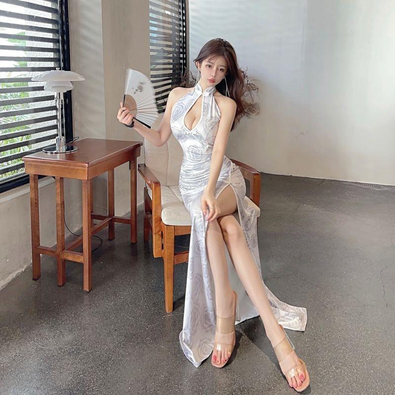 Cheongsam evening dress sexy deep neck hollow low cut sleeveless backless thin temperament lady dress