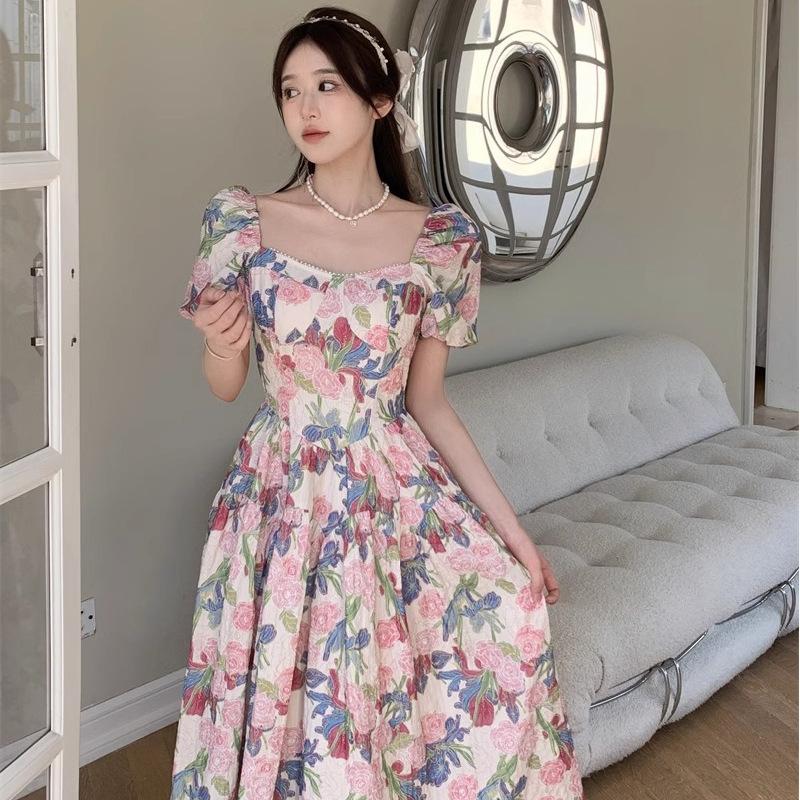 Design Sense Large Size French Romantic Floral Square Neck Dress New Women's Summer Fat Mm Belly Covering and Thin Dress