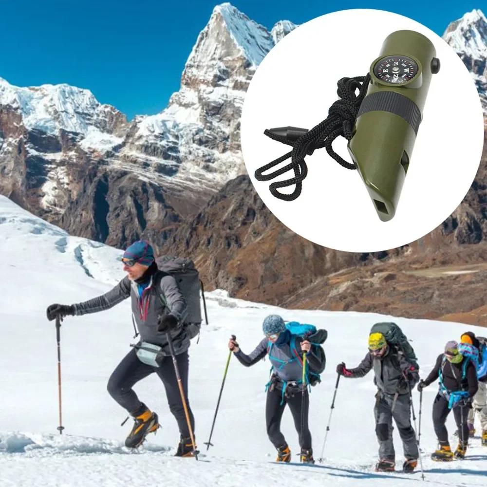 7 In 1 Jungle Survival Whistle Hiking Whistle Compass Mirror Flashlight Magnifier LED Light Thermometer Storage Compass Tool