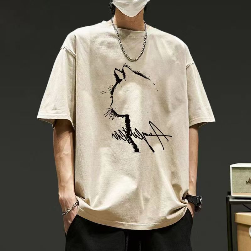 

Cotton short-sleeved t-shirt men s cat niche design short-sleeved top men s Hong Kong style loose and versatile t-shirt XXXL абрикосовий