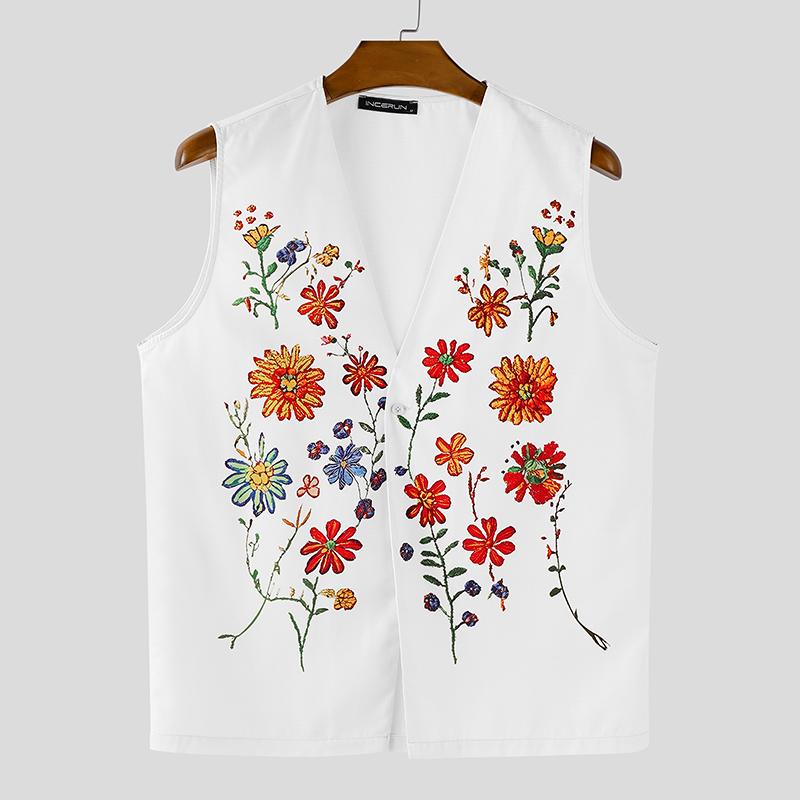 

INCERUN Men Sleeveless Floral Print Button Casual Loose Tank Tops 4XL