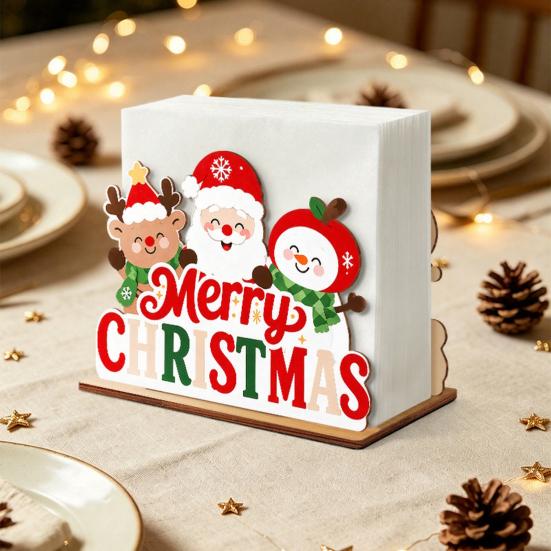 Gingerbread House Napkin Rack Christmas Wooden Tissue Holder, Dispenser with Santa Elk Decorative Stand Pattern, Organizer for Dining Table