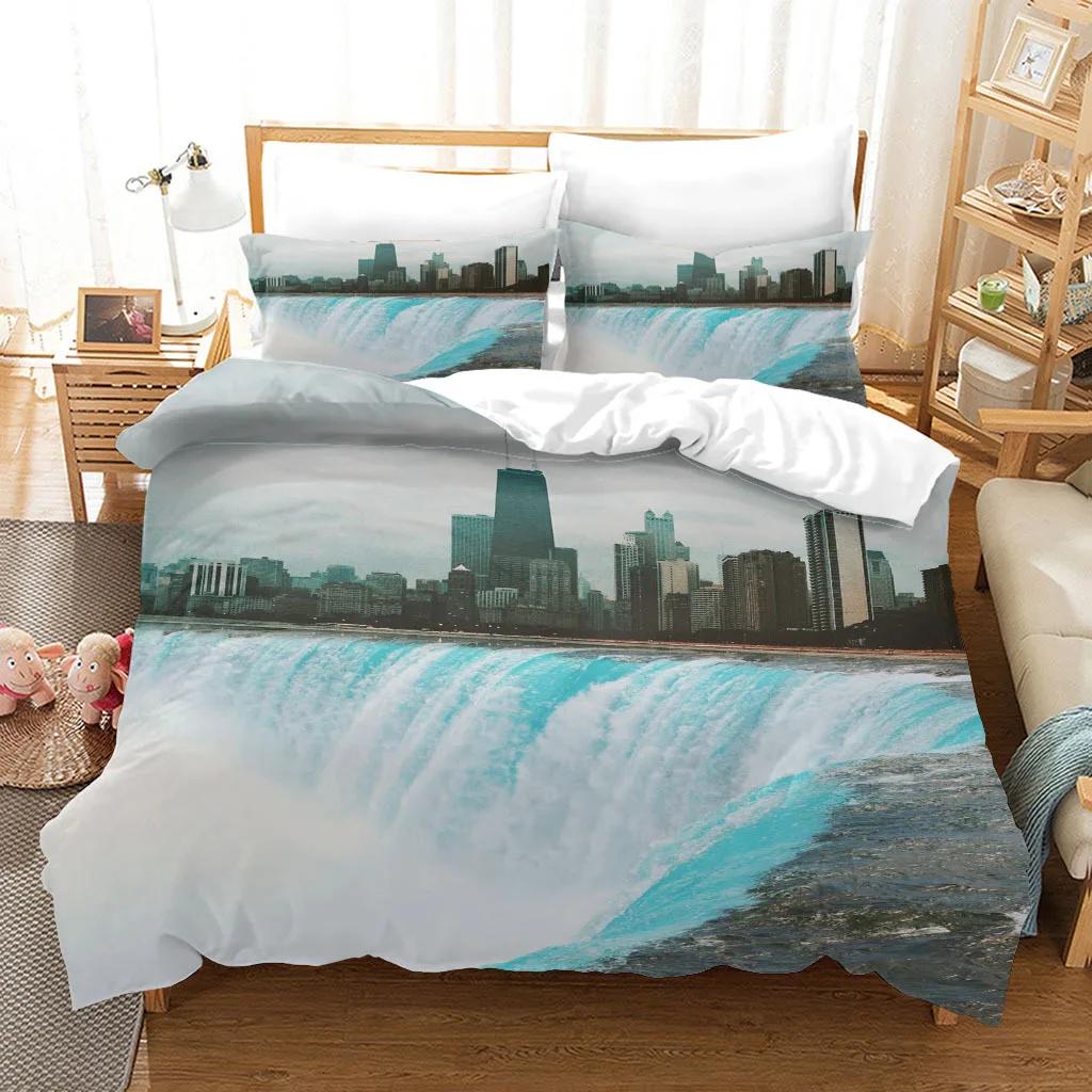 Natural Landscape King Queen Duvet Cover Comic Ink Painting Style Bedding Set Adults Tree Mountain River Polyester Quilt Cover