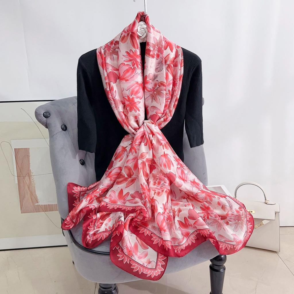 Flower Print Satin Scarf Imitation Silk Soft Skin Friendly Shawl Spring Autumn Casual Decoration Inelastic Neck Scarf