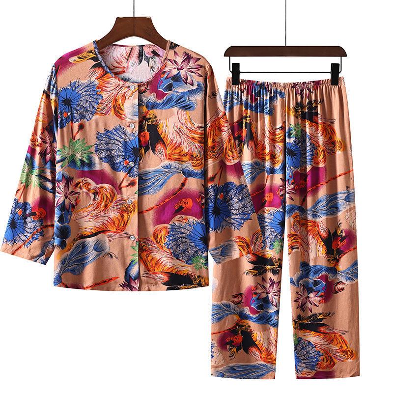 Women's Cotton Silk Pajama Set: Long-Sleeve Top & Trousers for Middle-aged & Elderly, Spring/Summer. Perfect As Homewear or Outerwear.
