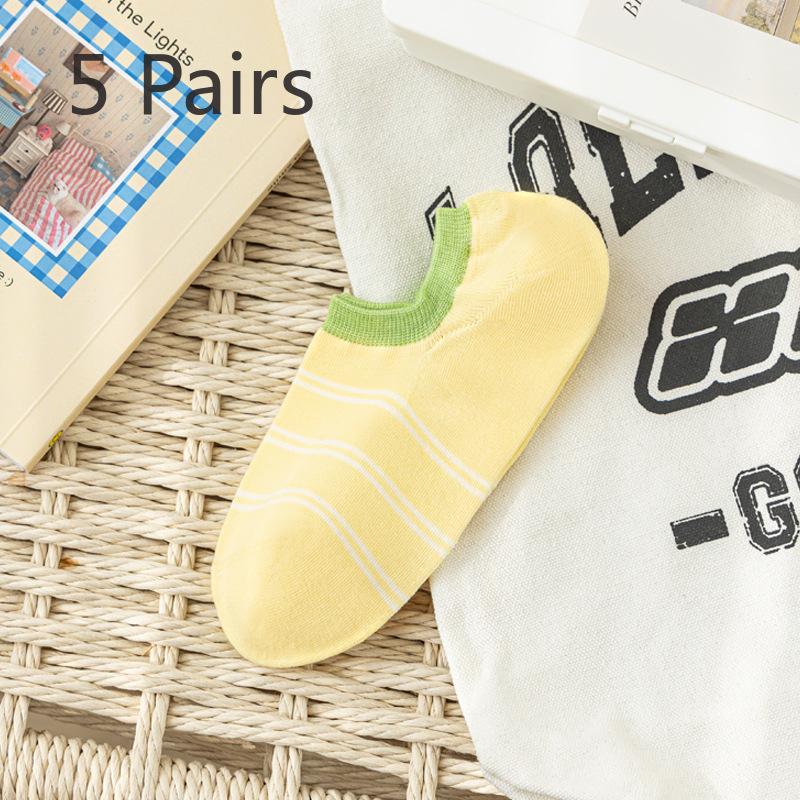 5 Pairs of Women's Summer Thin Style All Match Color Stripe Invisible Socks
