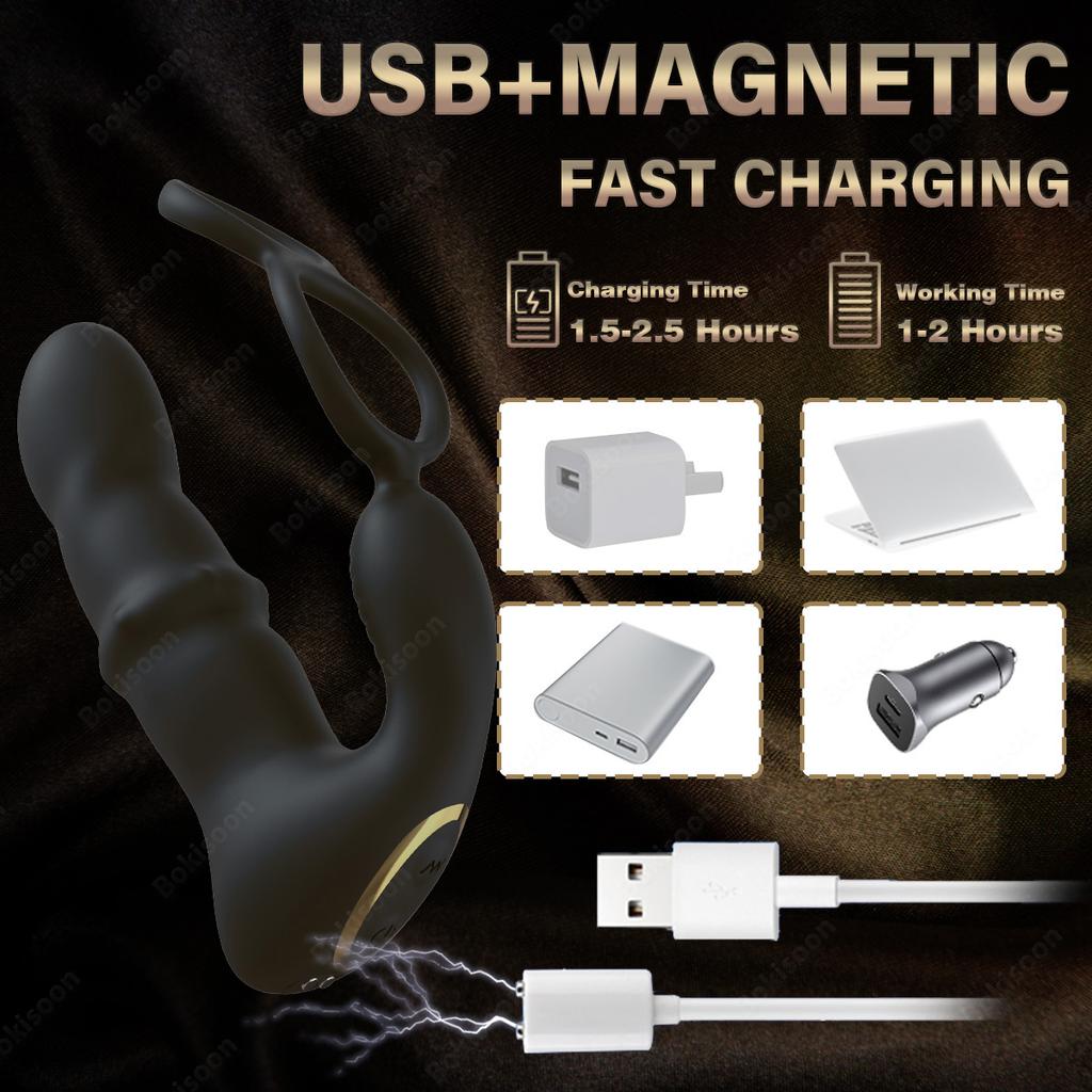 9 Wiggling Thrusting Beads Prostate Massager Vibrating Butt Plug with Penis Ring Vibrator Anal Dildo Prostate Stimulor for Men Double-locking Ring