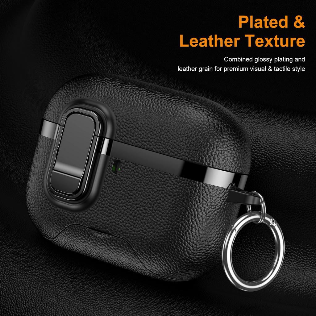 For AirPods Pro Case Foldable Stand Electroplated Litchi Texture TPU PC Earbuds Cover with Switch / Carabiner