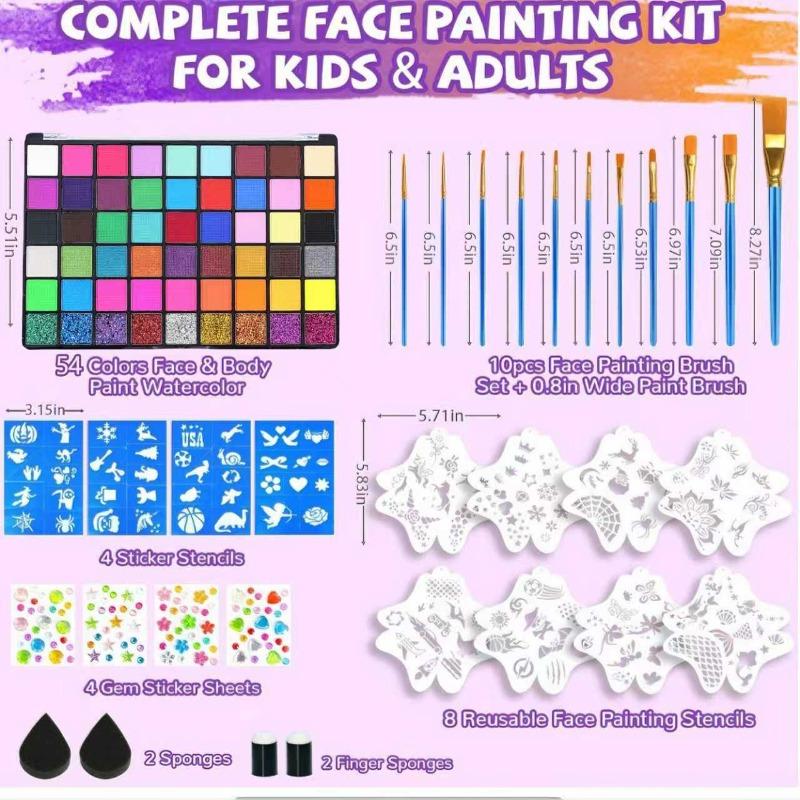 Kit de Pintura Corporal y Facial Profesional de 54 Colores Paleta de Maquillaje a Base de Agua No Tóxica con Pinceles y Plantillas para Niños Adultos Fiesta Halloween Cosplay
