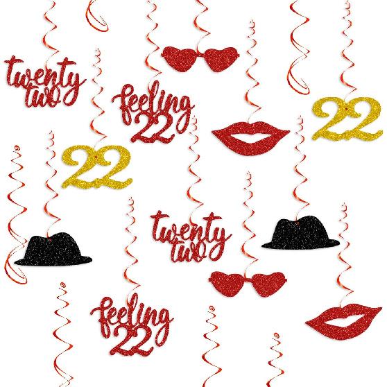 22nd Birthday Party Decorations for Girls Women, Black Gold Red Glitter I m Feeling 22 Hanging Swirls, Taylor Singer Themed Girls 22 Years Old Foil