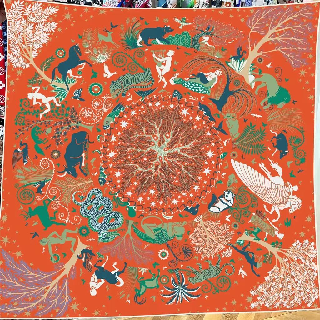 POBING 30% Silk 70% Cashmere Scarf Women Hand Rolled 12 Zodiac Sign Print Square Scarves Wraps Bandana Big Hijabs Female Foulard