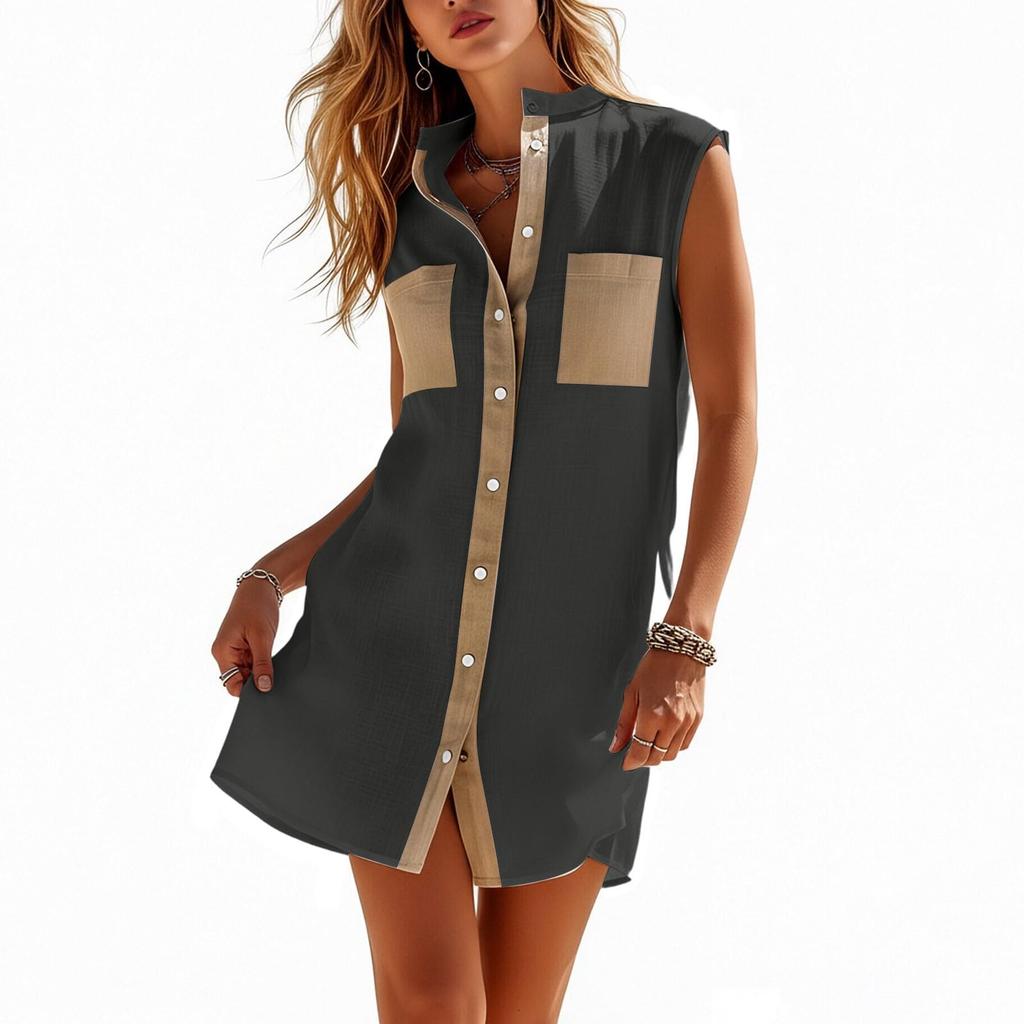 Sleeveless V Neck Shirt Dress Button Down Front Casual Loose Fit Mini Dress with Chest Pockets and Contrast Trim for Women