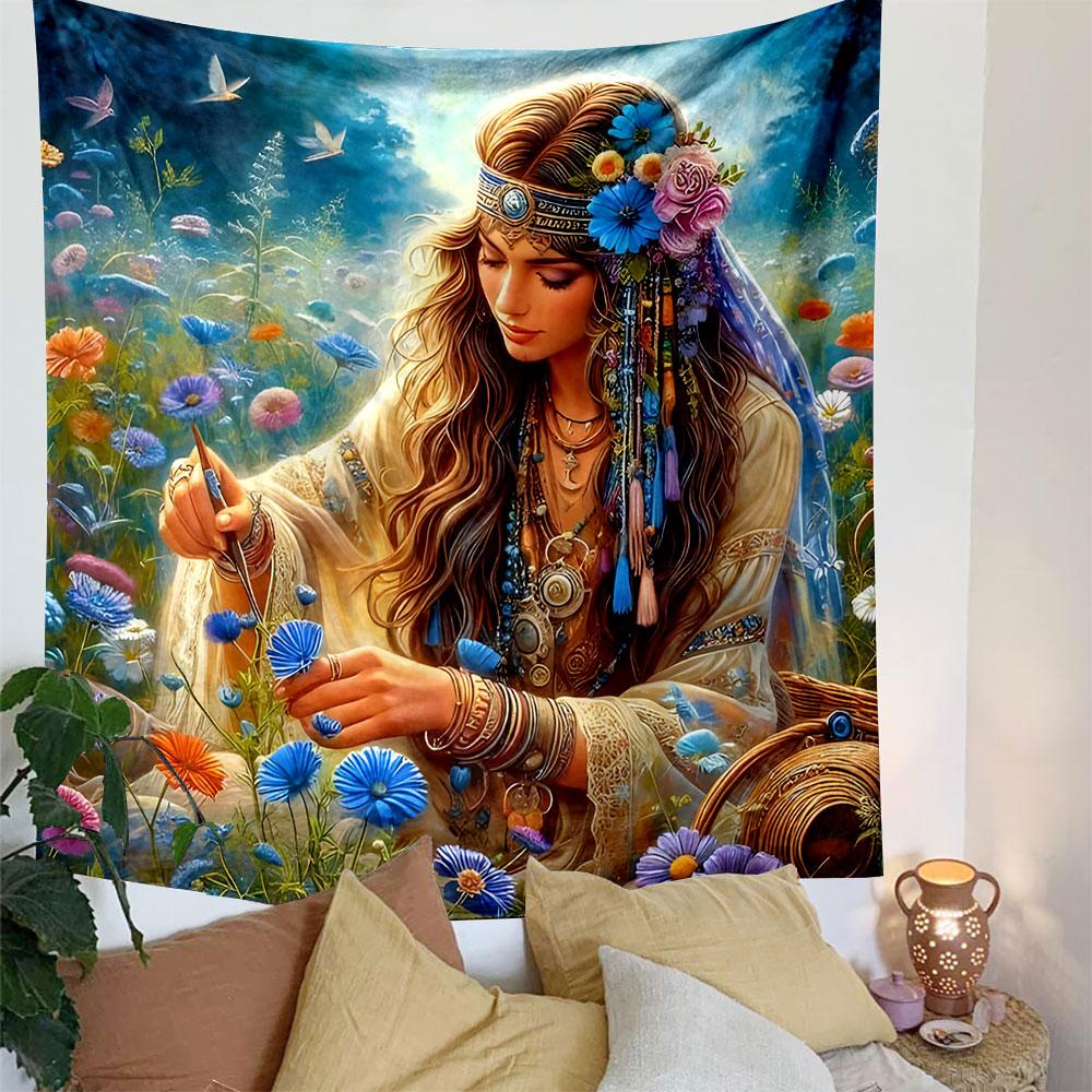 "Boho Goddess in a Flower Meadow" Patterned Tapestry Decorative Wall Hanging, Home Bedroom Living Room Decor