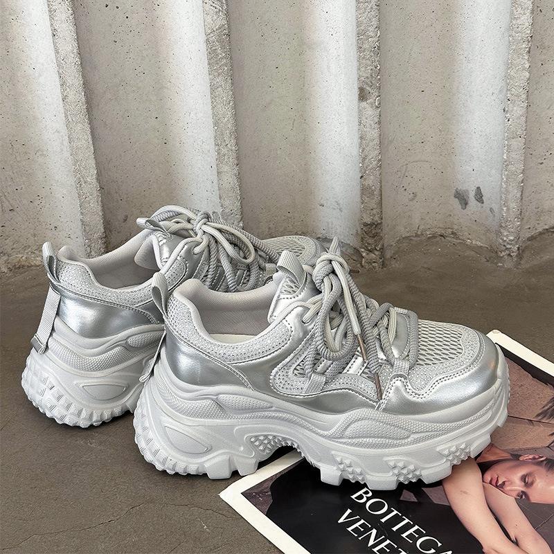 

2025 autumn new dad shoes women s muffin thick-soled small height-increasing sports shoes shallow mouth breathable casual shoes 40 серебряный
